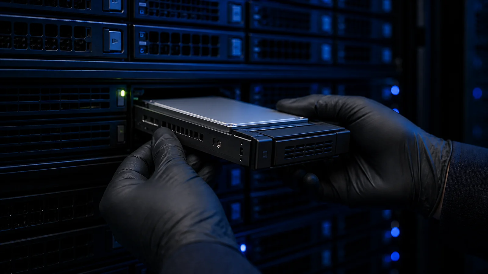 Technician installing a 2.5-inch SAS SSD in a hot-swap caddy into a rack server drive bay