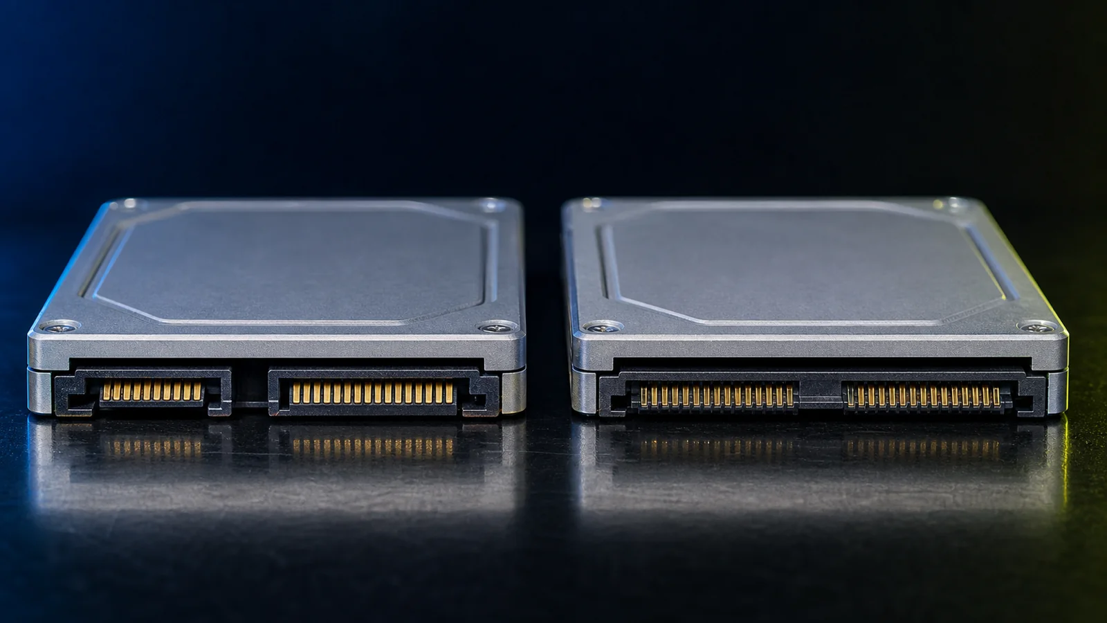 SAS vs SATA connector close-up showing the open gap on a SATA drive edge connector and the bridged notch on a SAS SFF-8482 connector