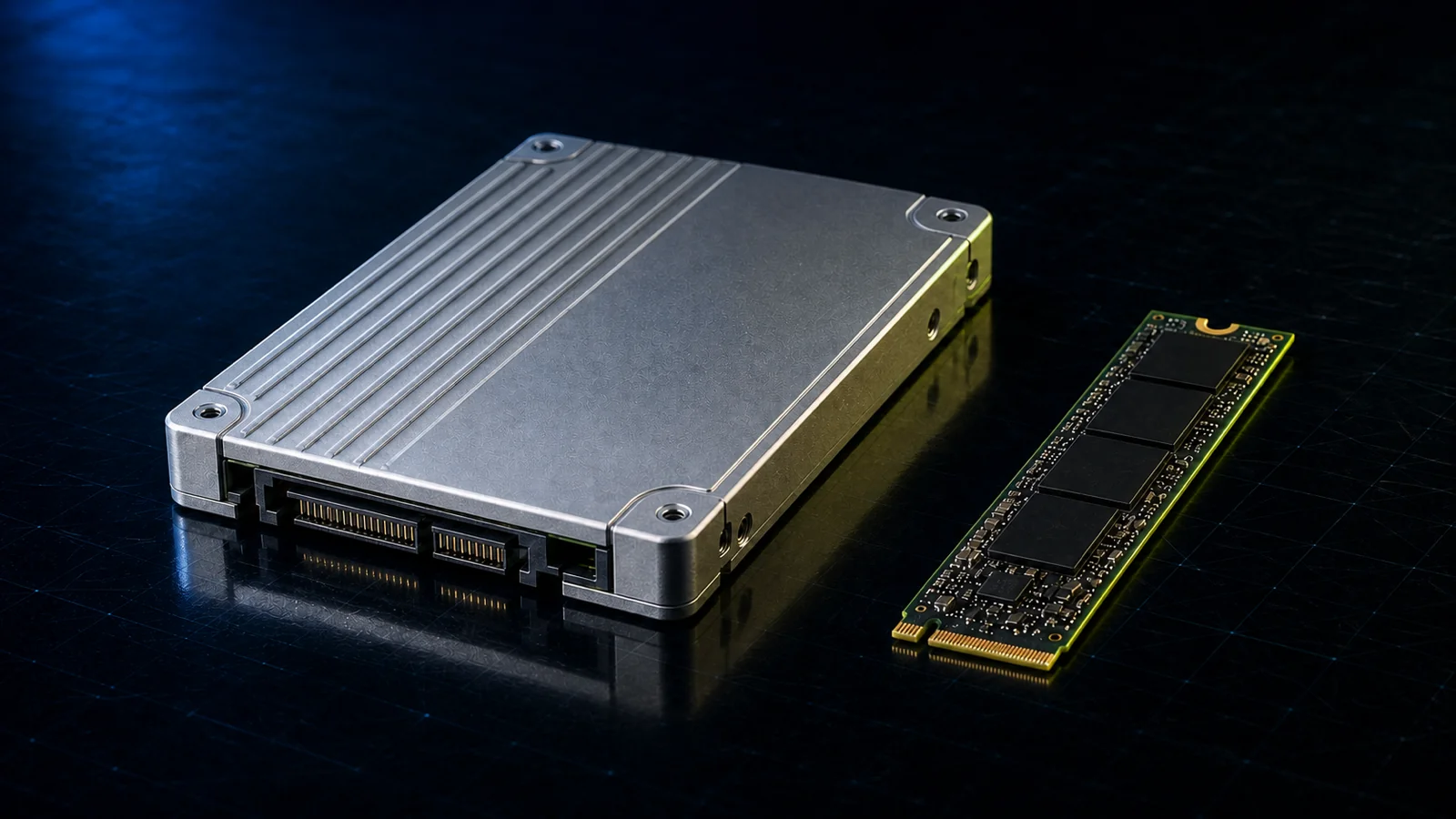 U.2 vs M.2 NVMe form factors: 2.5-inch U.2 hot-swap SSD next to an M.2 2280 NVMe boot drive on a carrier card
