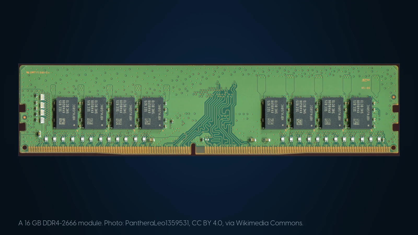 A 16 GB DDR4-2666 memory module photographed against a dark background